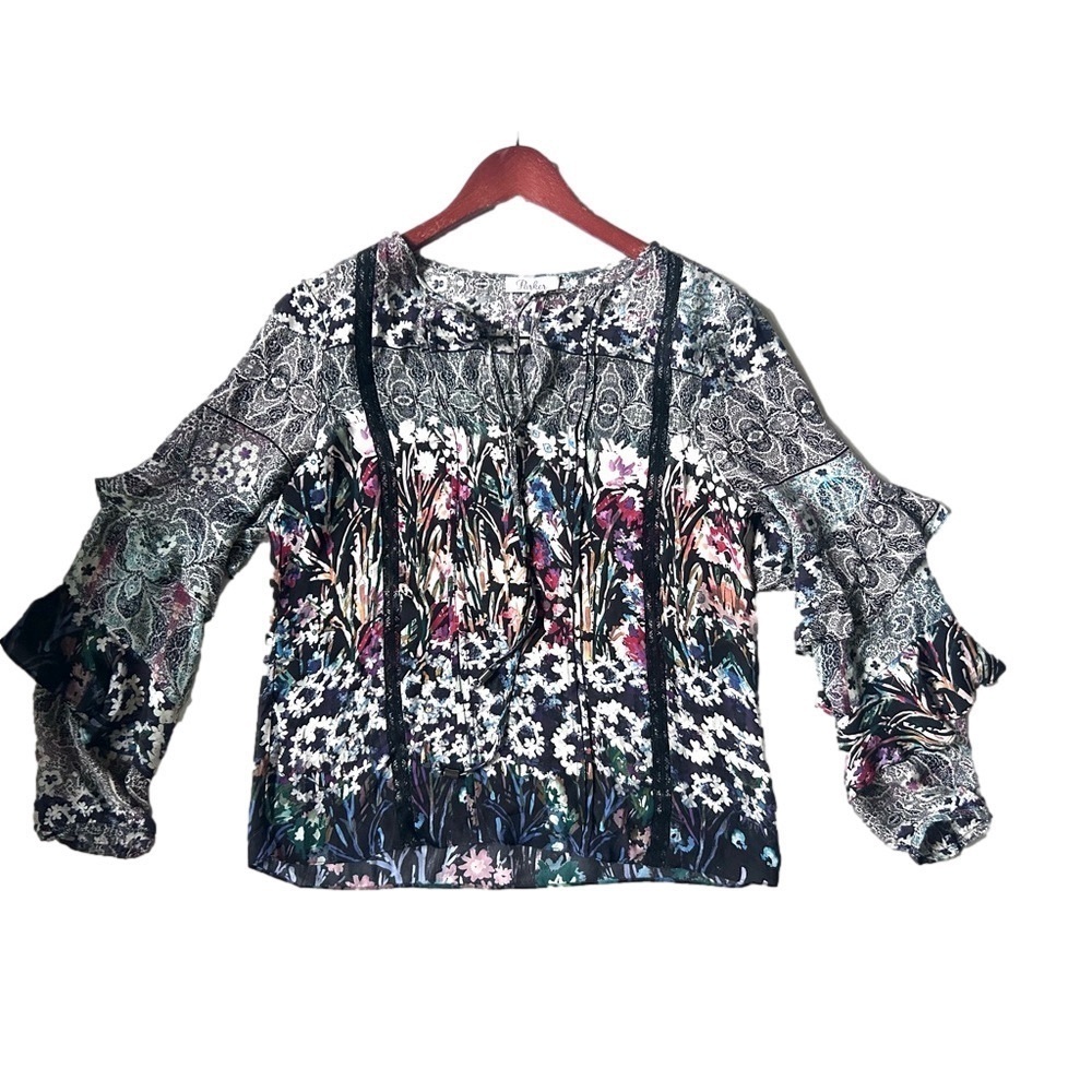Anthropologie Parker silk Blouse Top Shirt Women medium Print Long Sleeve ruffle